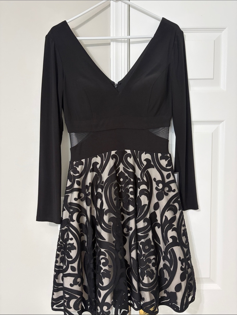 Xscape Black and Ivory Long Sleeve Fit-and-Flare Dress